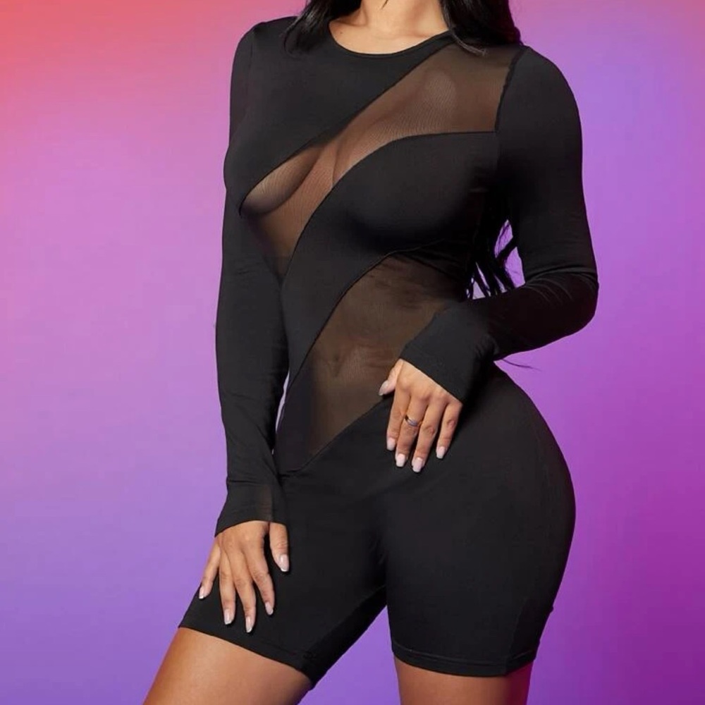black long sleeve romper with mesh